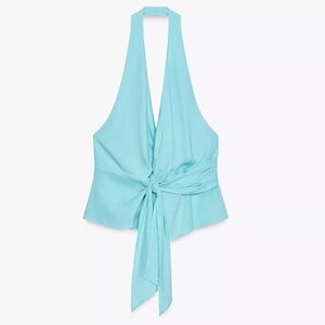 Zara NWT light blue linen knitted tie halter neck blouse top